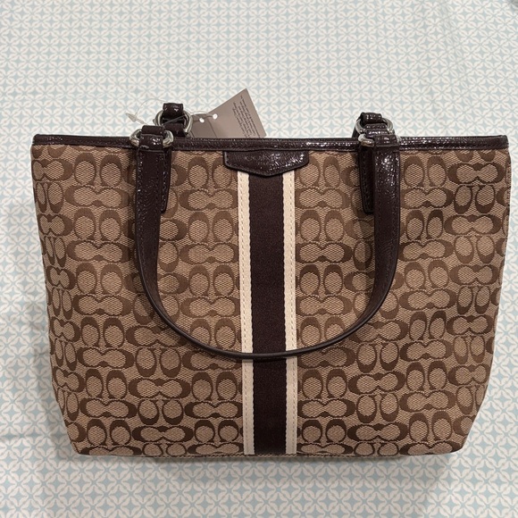 Coach Signature Stripe 6CM Top Handle Tote F51162 - Picture 1 of 5